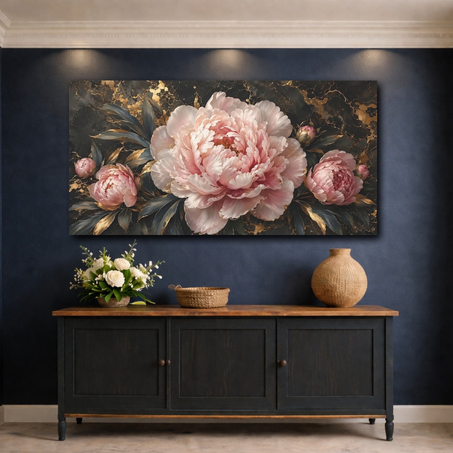 Mockup 4. Floral Pink Peonies Pink And Gold shown as stretched canvas wall art