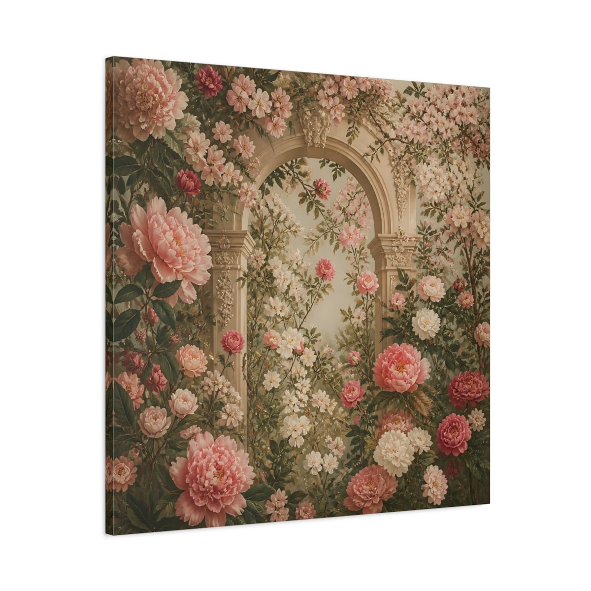 Main Mockup. Floral Pink Peonies Pink Floral Archway shown as stretched canvas wall art
