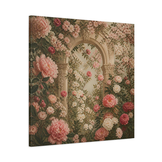 Main Mockup. Floral Pink Peonies Pink Floral Archway shown as stretched canvas wall art