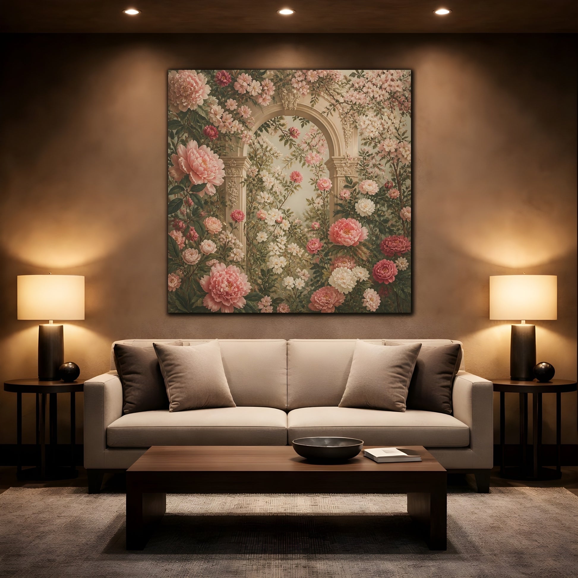 Mockup 2. Floral Pink Peonies Pink Floral Archway shown as stretched canvas wall art