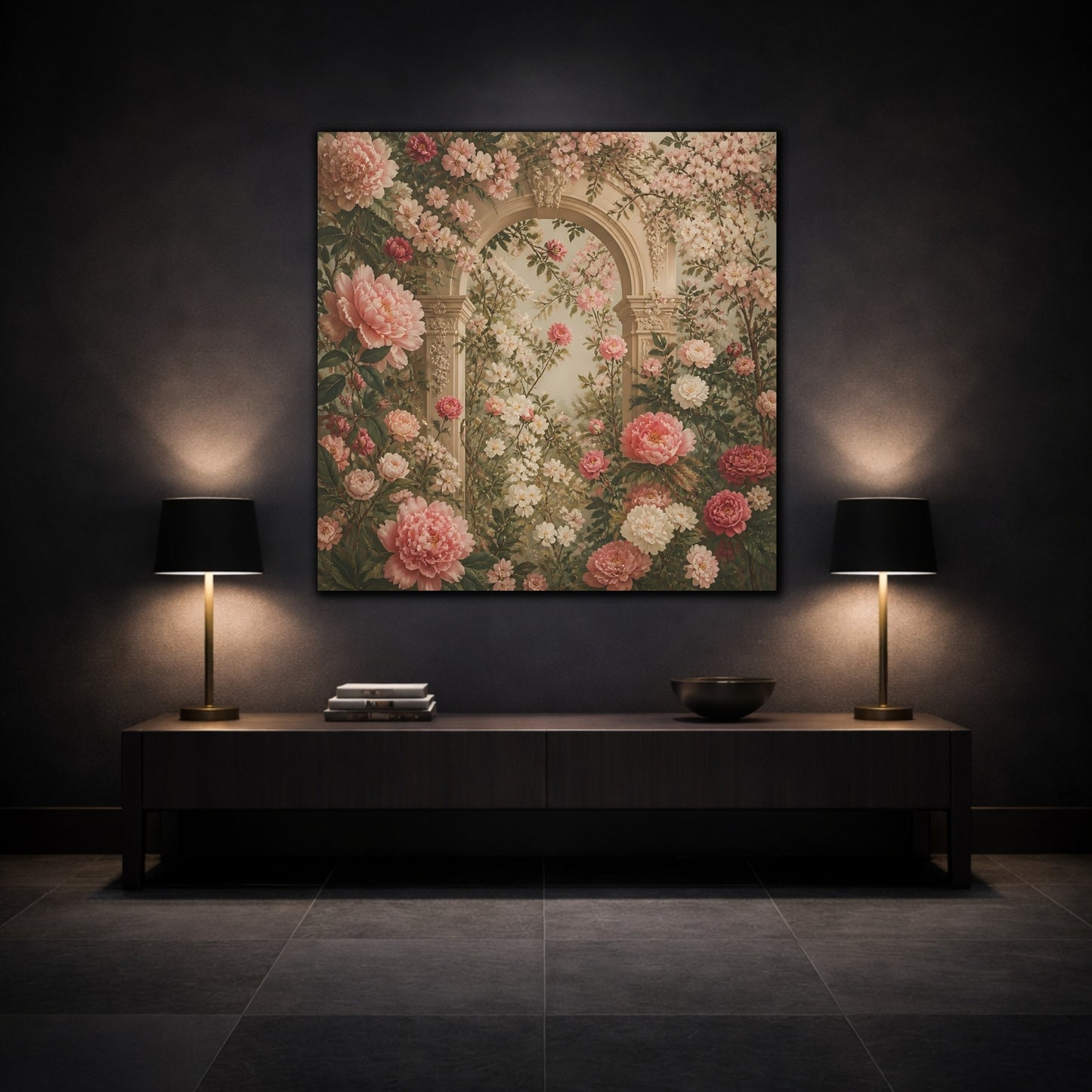 Mockup 3. Floral Pink Peonies Pink Floral Archway shown as stretched canvas wall art