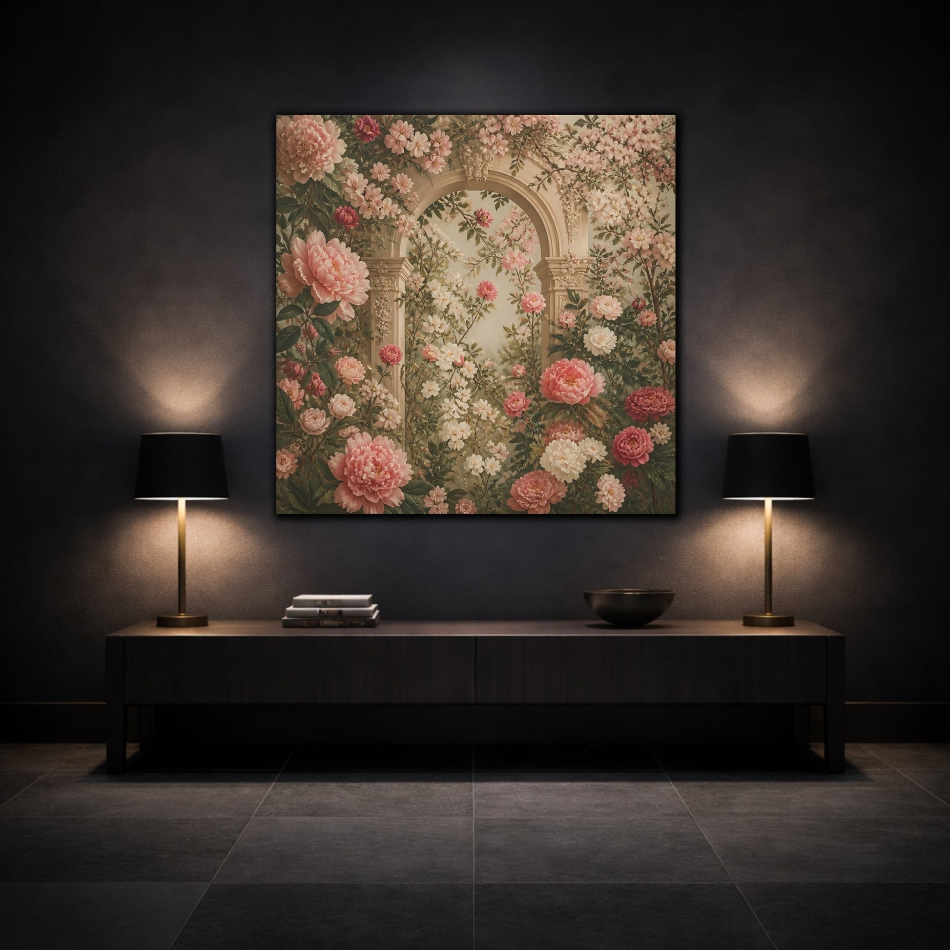Mockup 3. Floral Pink Peonies Pink Floral Archway shown as stretched canvas wall art