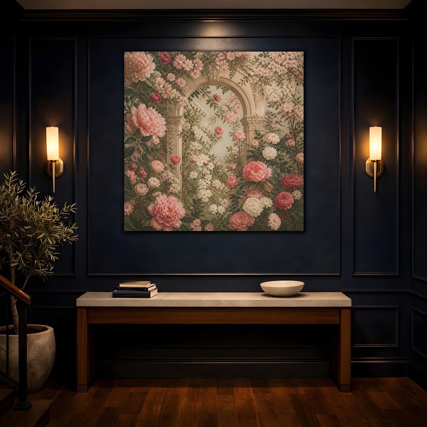 Mockup 4. Floral Pink Peonies Pink Floral Archway shown as stretched canvas wall art