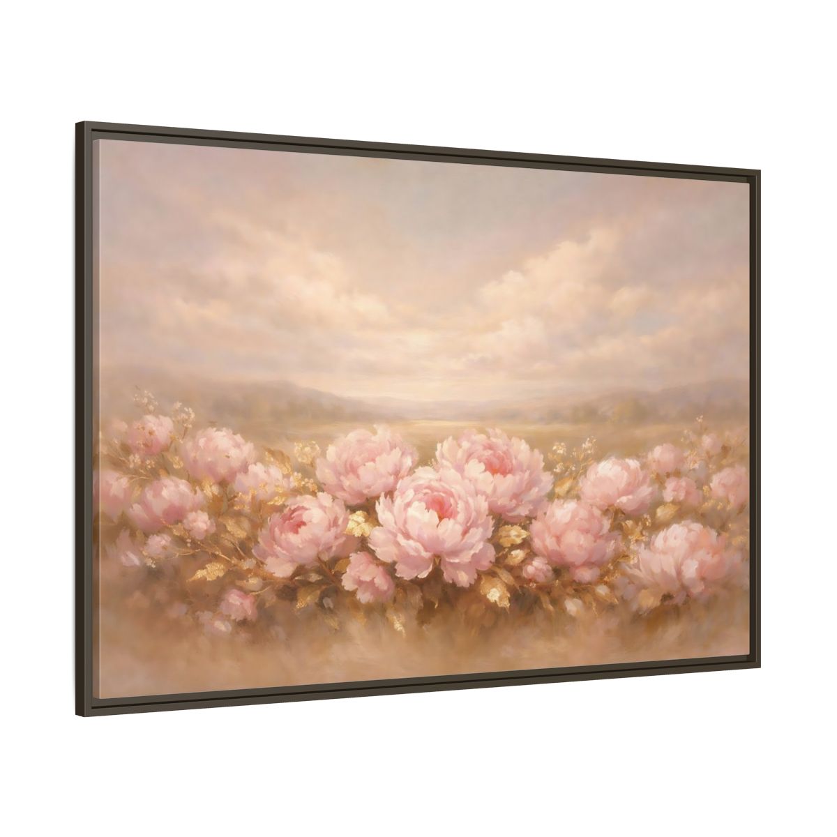 Main Mockup. Floral Pink Peonies Pink Peonies Landscape shown as stretched canvas wall art