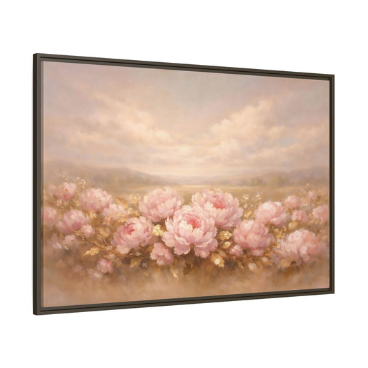 Main Mockup. Floral Pink Peonies Pink Peonies Landscape shown as stretched canvas wall art