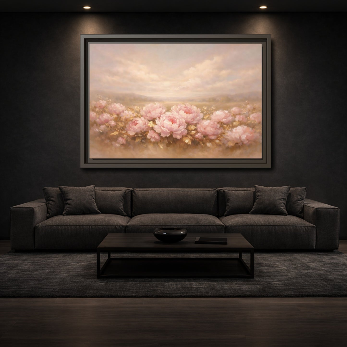 Mockup 2. Floral Pink Peonies Pink Peonies Landscape shown as stretched canvas wall art