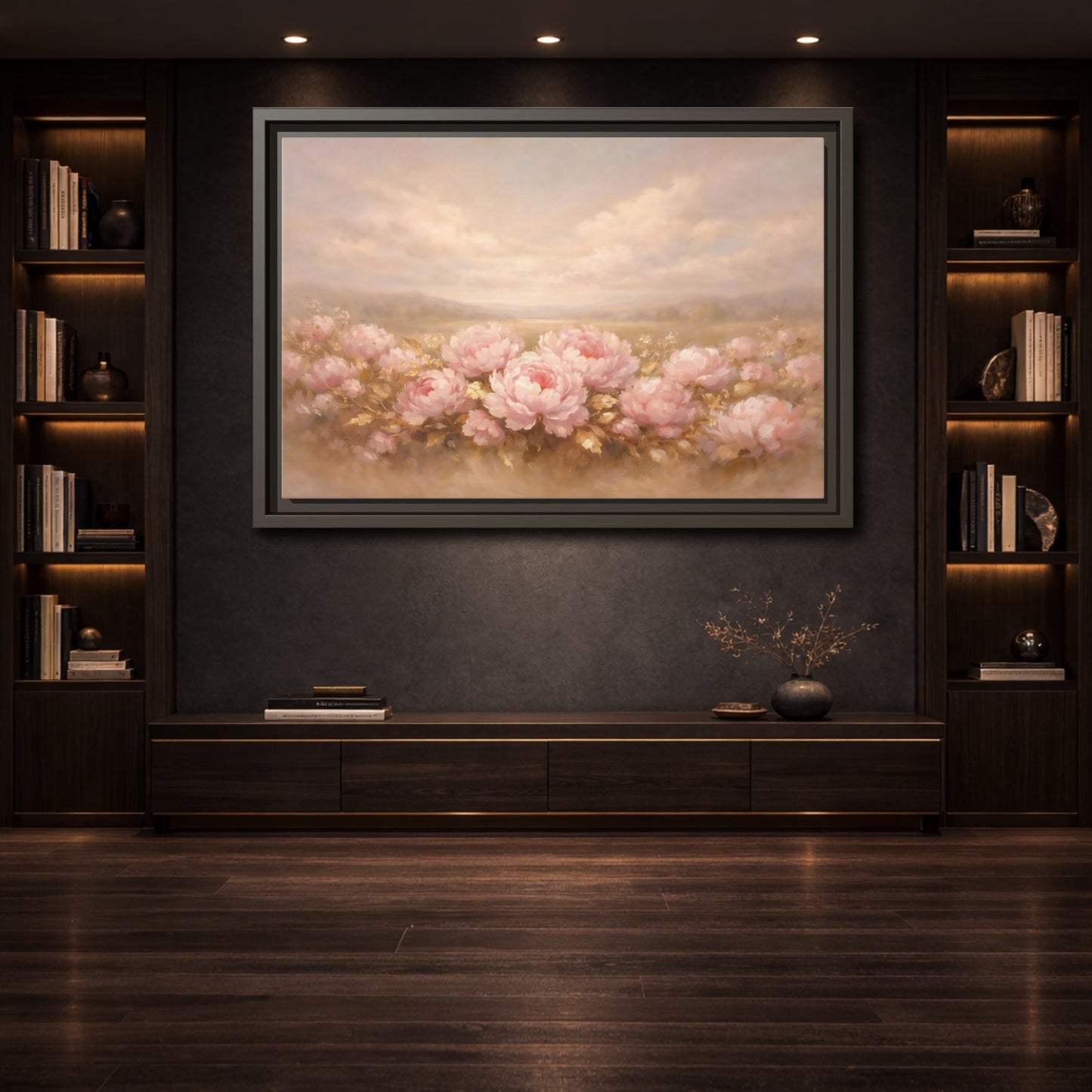 Mockup 3. Floral Pink Peonies Pink Peonies Landscape shown as stretched canvas wall art