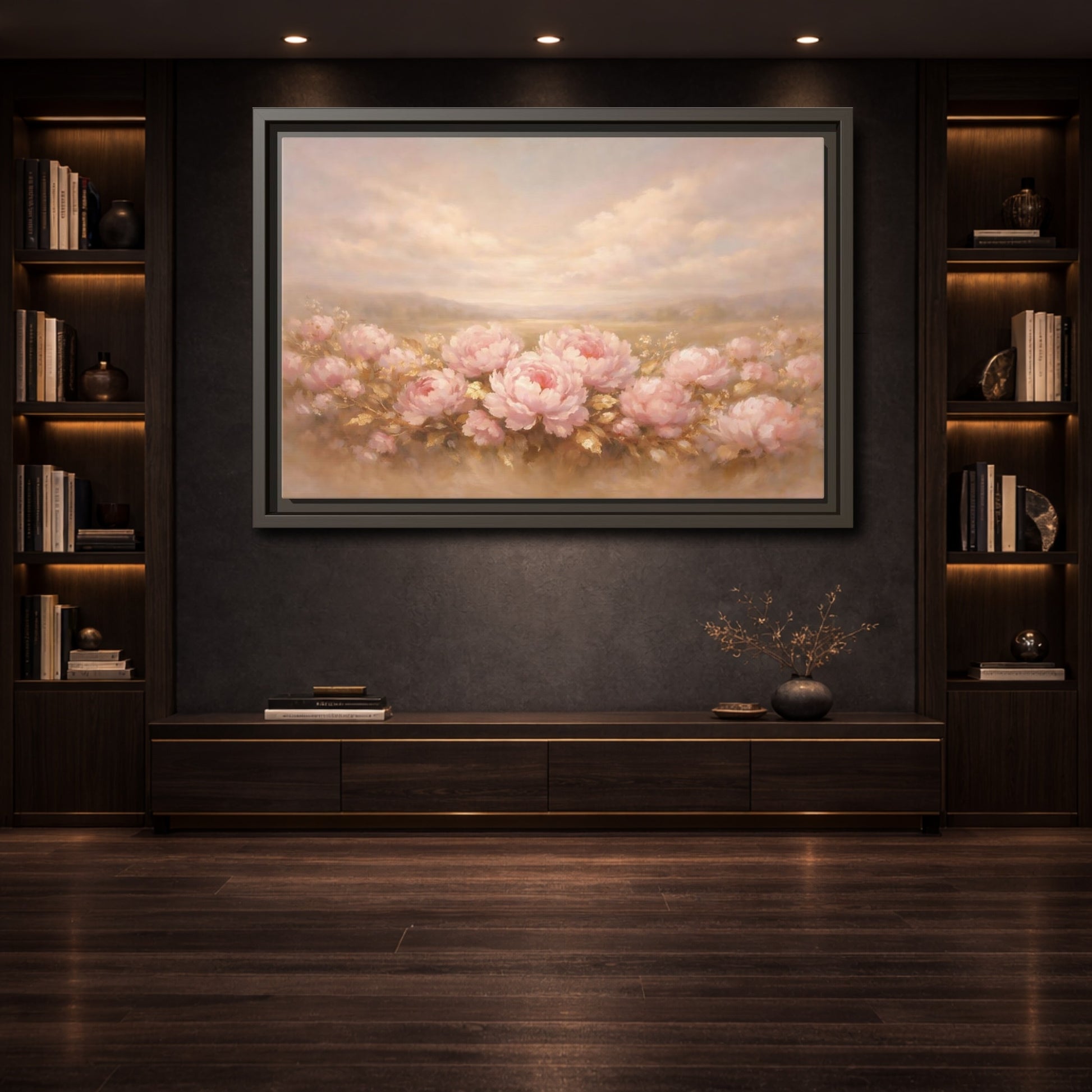 Mockup 3. Floral Pink Peonies Pink Peonies Landscape shown as stretched canvas wall art