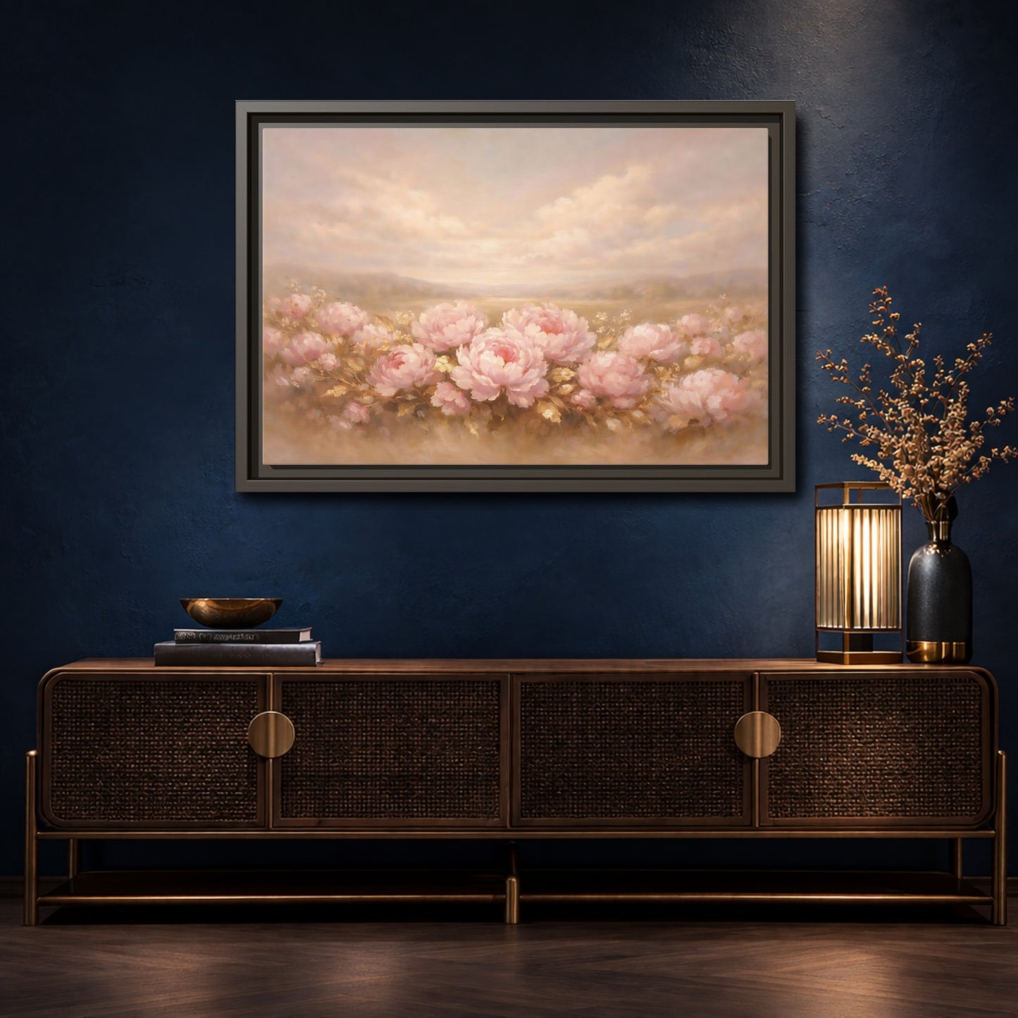 Mockup 4. Floral Pink Peonies Pink Peonies Landscape shown as stretched canvas wall art