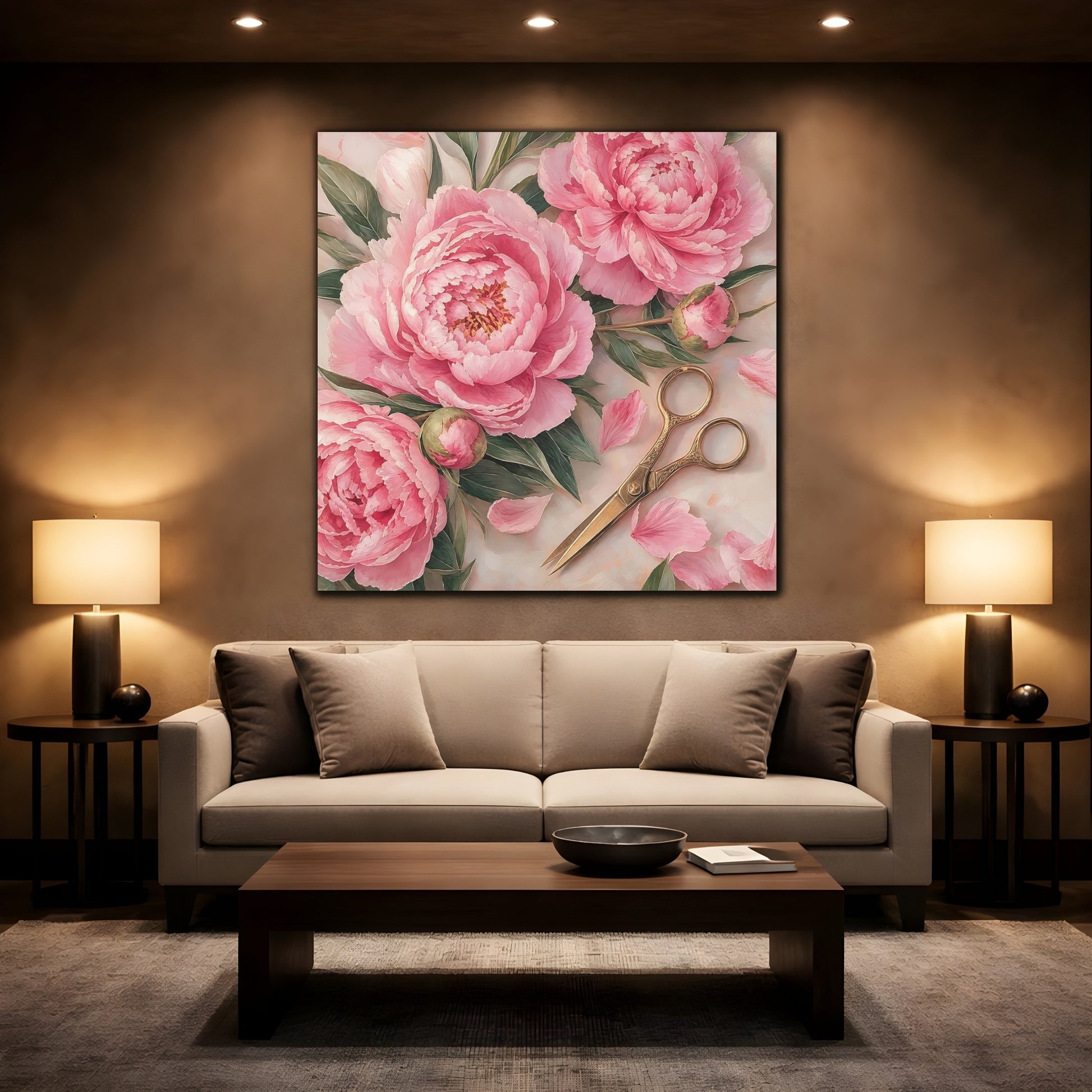 Mockup 2. Floral Pink Peonies Pink Peony Floral shown as stretched canvas wall art