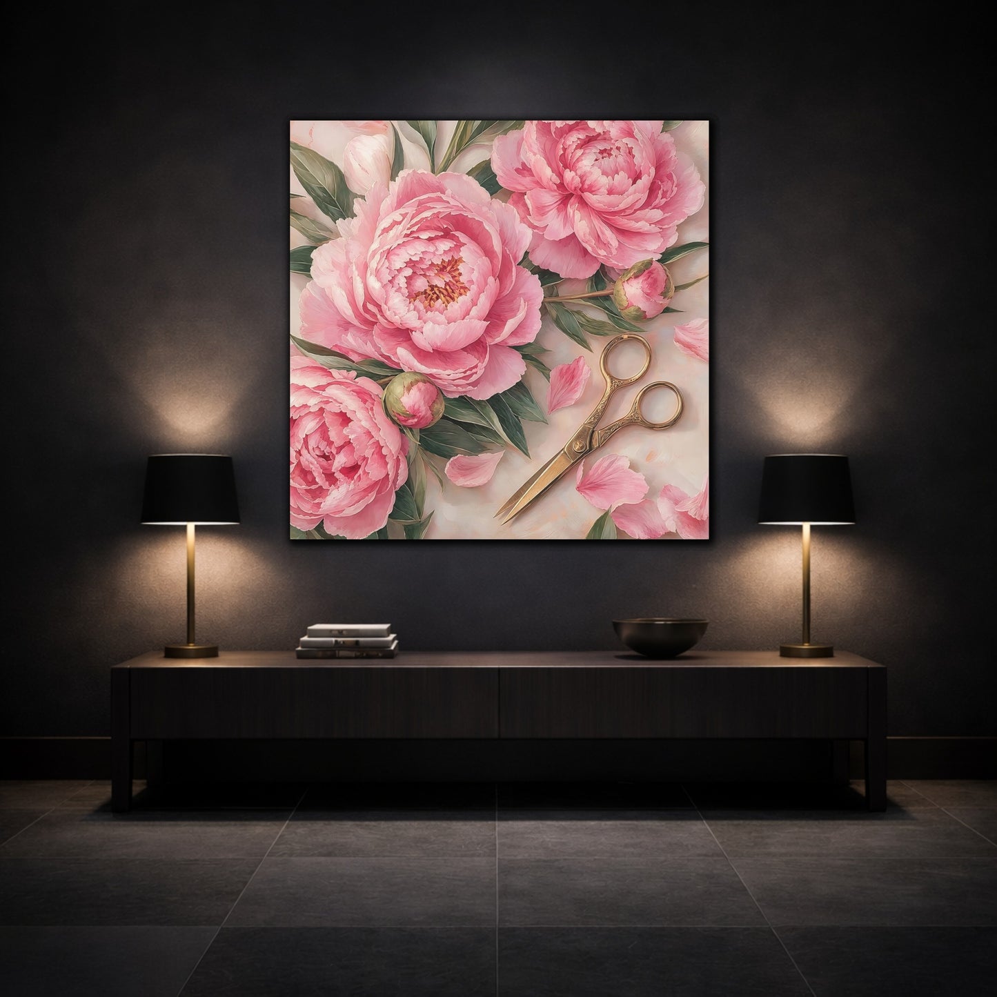 Mockup 3. Floral Pink Peonies Pink Peony Floral shown as stretched canvas wall art
