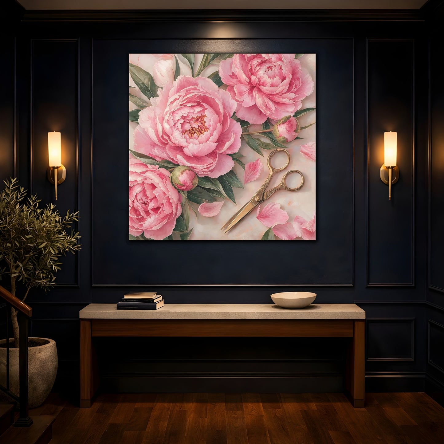 Mockup 4. Floral Pink Peonies Pink Peony Floral shown as stretched canvas wall art