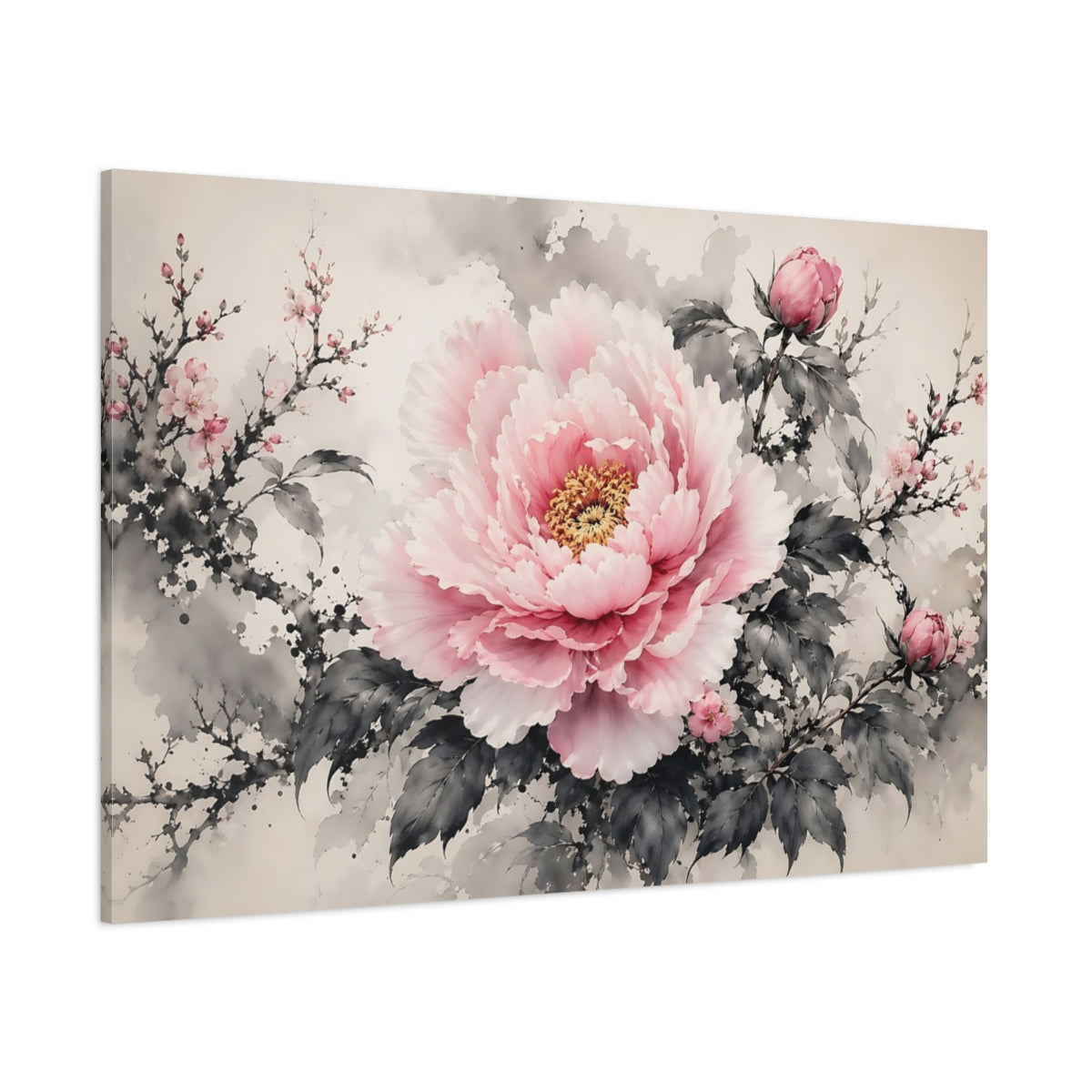 Side Mockup 1. Floral Pink Peony Pink And Grey Floral shown as stretched canvas wall art