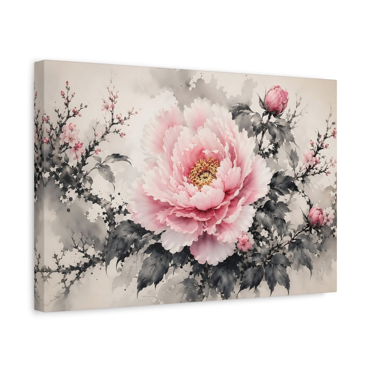 Side Mockup 4. Floral Pink Peony Pink And Grey Floral shown as stretched canvas wall art