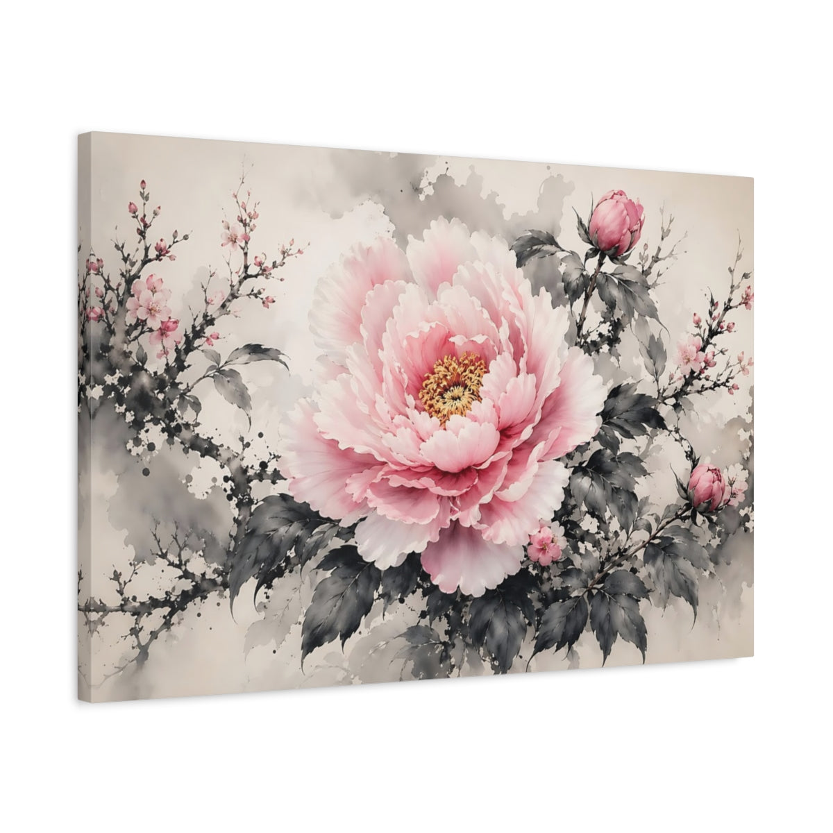 Side Mockup 2. Floral Pink Peony Pink And Grey Floral shown as stretched canvas wall art