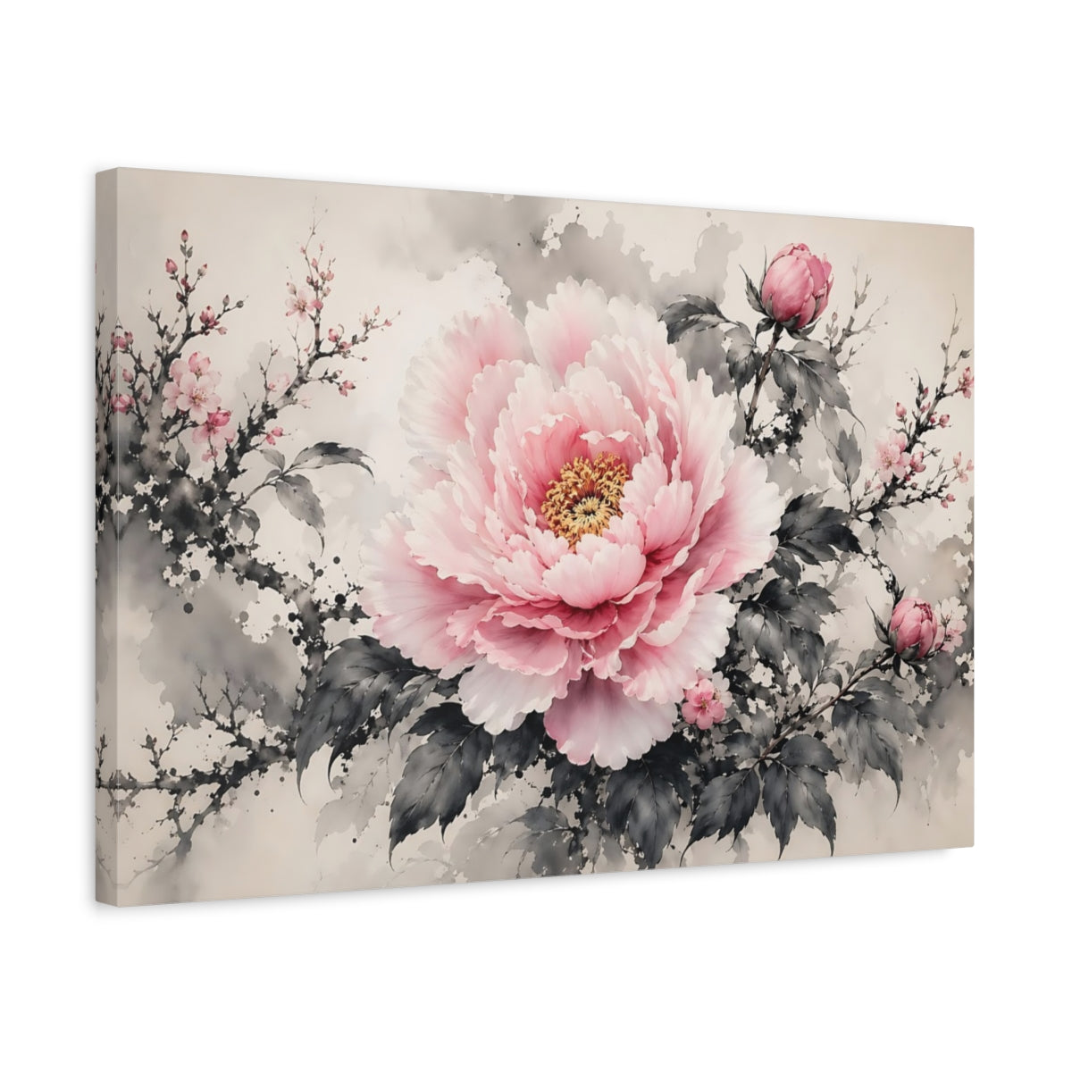 Side Mockup 3. Floral Pink Peony Pink And Grey Floral shown as stretched canvas wall art