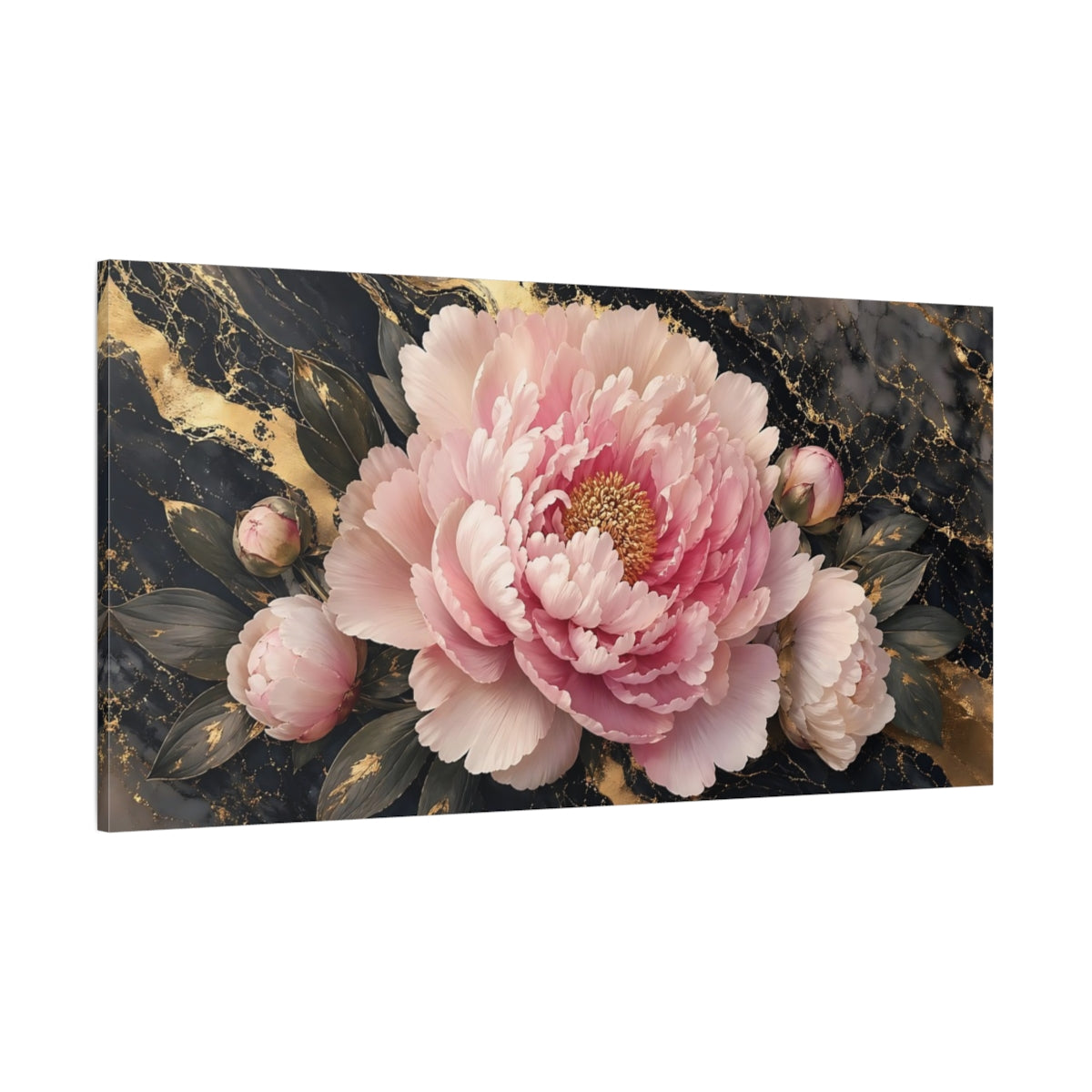 Side Mockup 2. Floral Pink Peony Pink Gold Peony shown as stretched canvas wall art