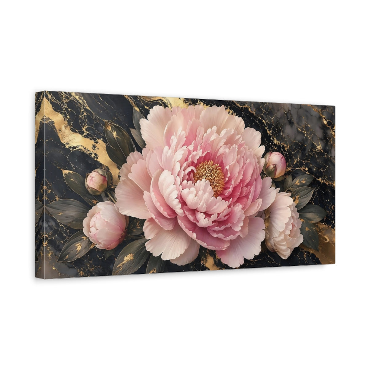 Side Mockup 3. Floral Pink Peony Pink Gold Peony shown as stretched canvas wall art