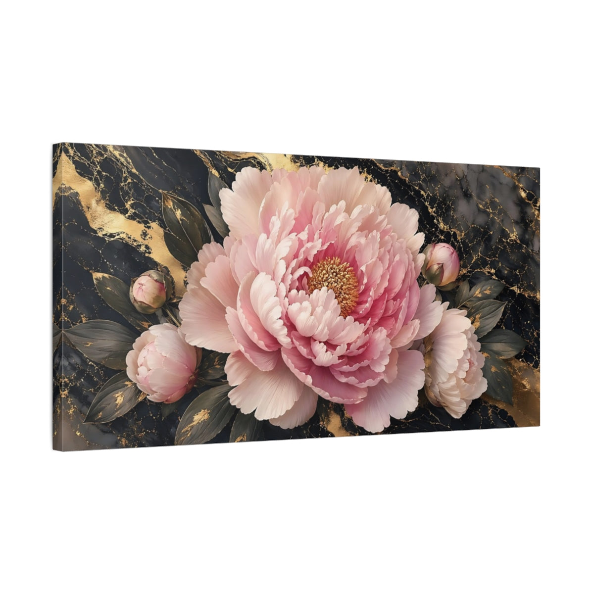 Side Mockup 1. Floral Pink Peony Pink Gold Peony shown as stretched canvas wall art