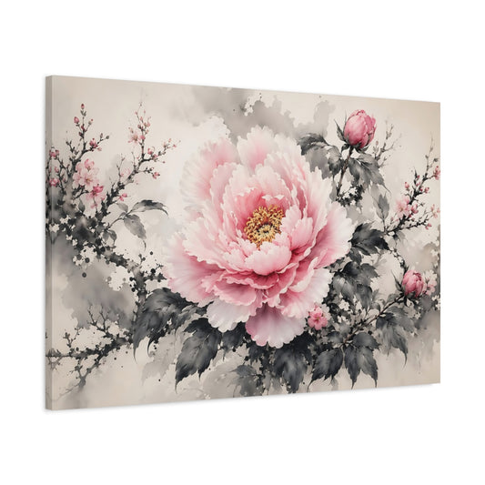 Main Mockup. Floral Pink Peony Pink And Grey Floral shown as stretched canvas wall art