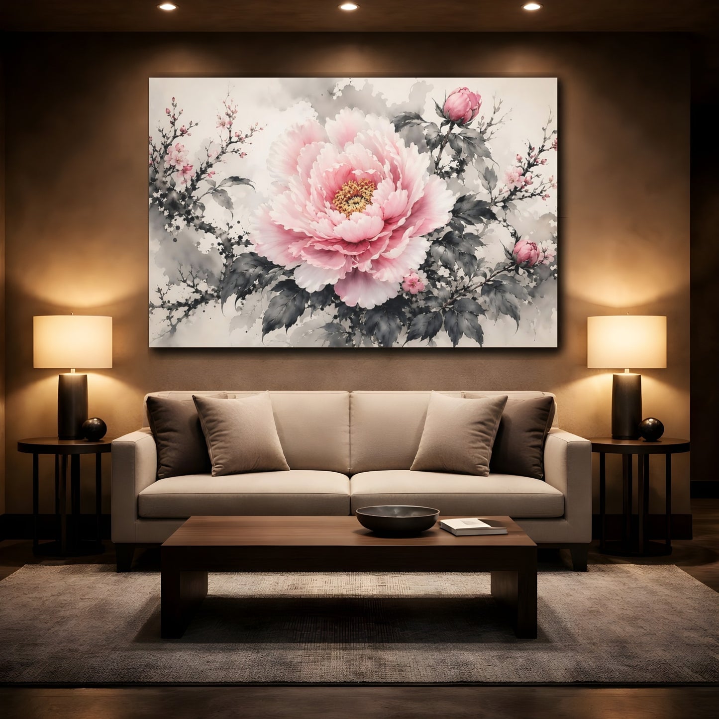 Mockup 2. Floral Pink Peony Pink And Grey Floral shown as stretched canvas wall art