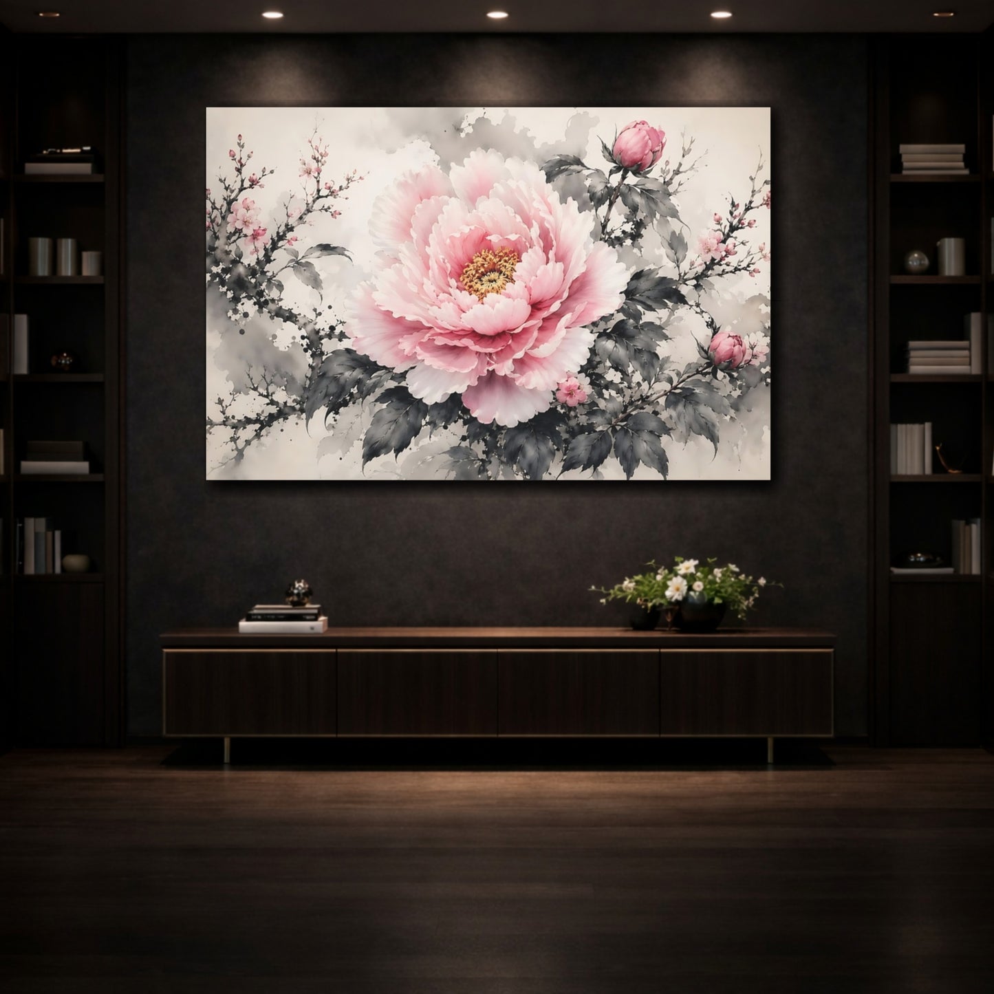 Mockup 3. Floral Pink Peony Pink And Grey Floral shown as stretched canvas wall art