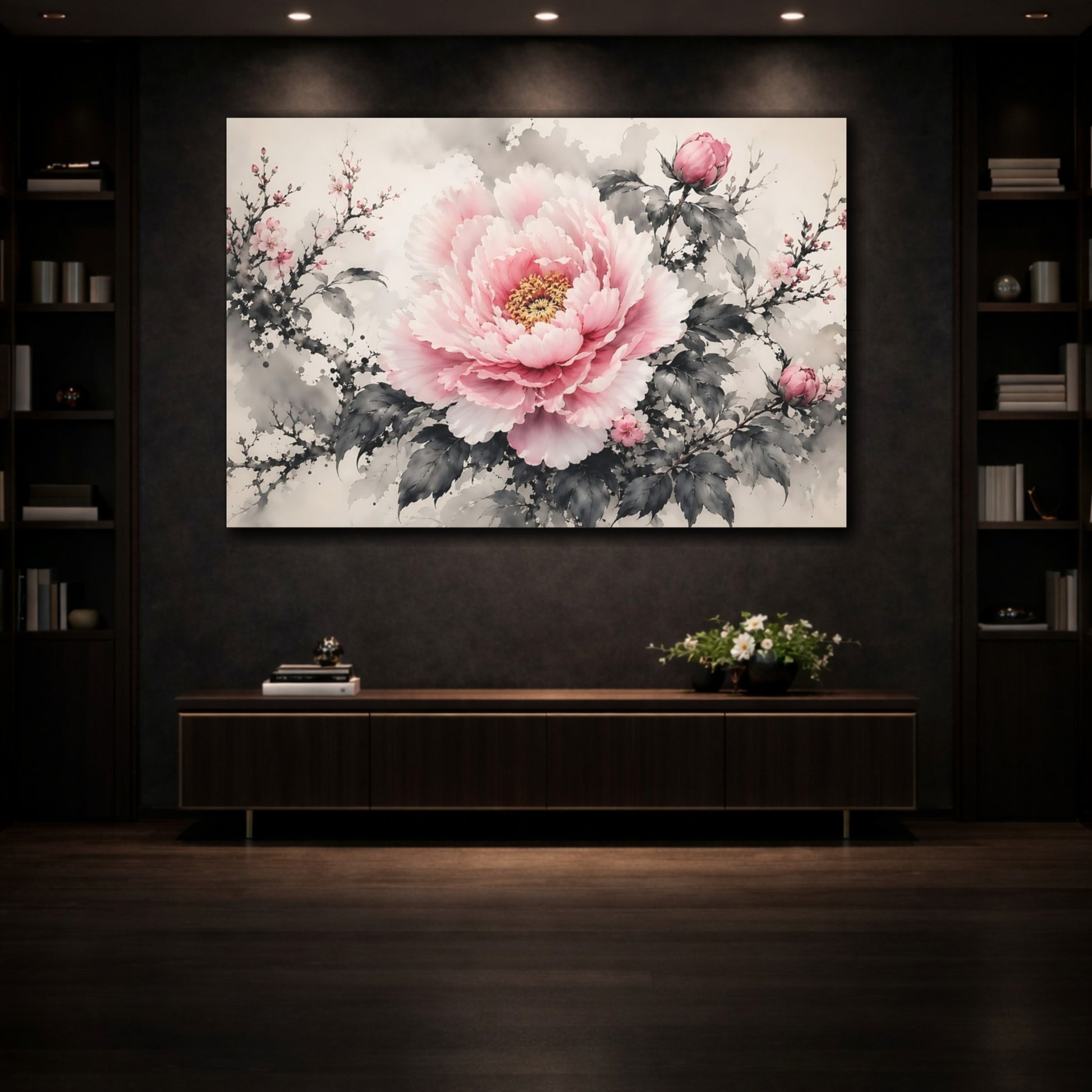 Mockup 3. Floral Pink Peony Pink And Grey Floral shown as stretched canvas wall art
