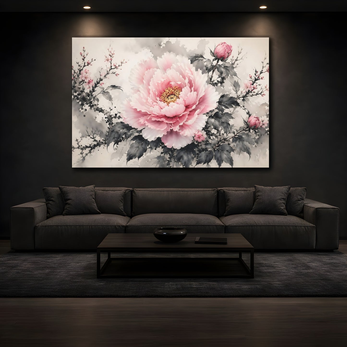 Mockup 4. Floral Pink Peony Pink And Grey Floral shown as stretched canvas wall art
