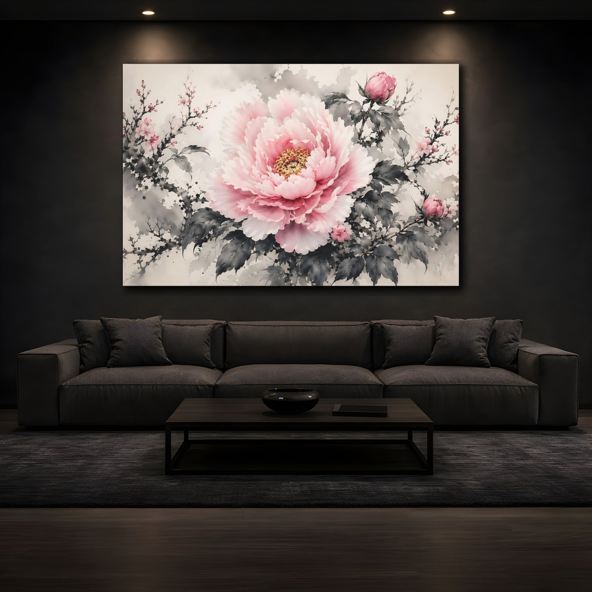 Mockup 4. Floral Pink Peony Pink And Grey Floral shown as stretched canvas wall art