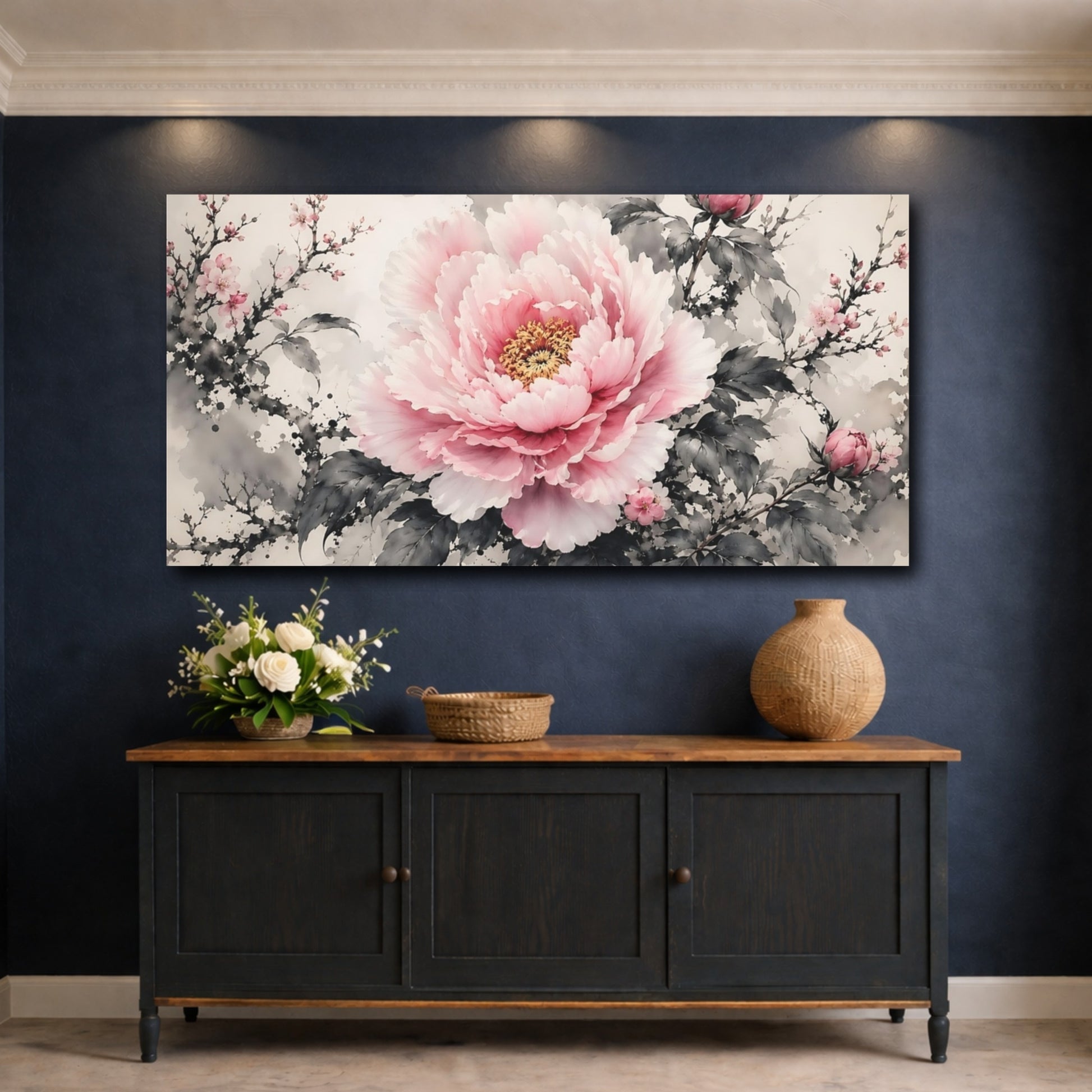 Mockup 4. Floral Pink Peony Pink Floral shown as stretched canvas wall art