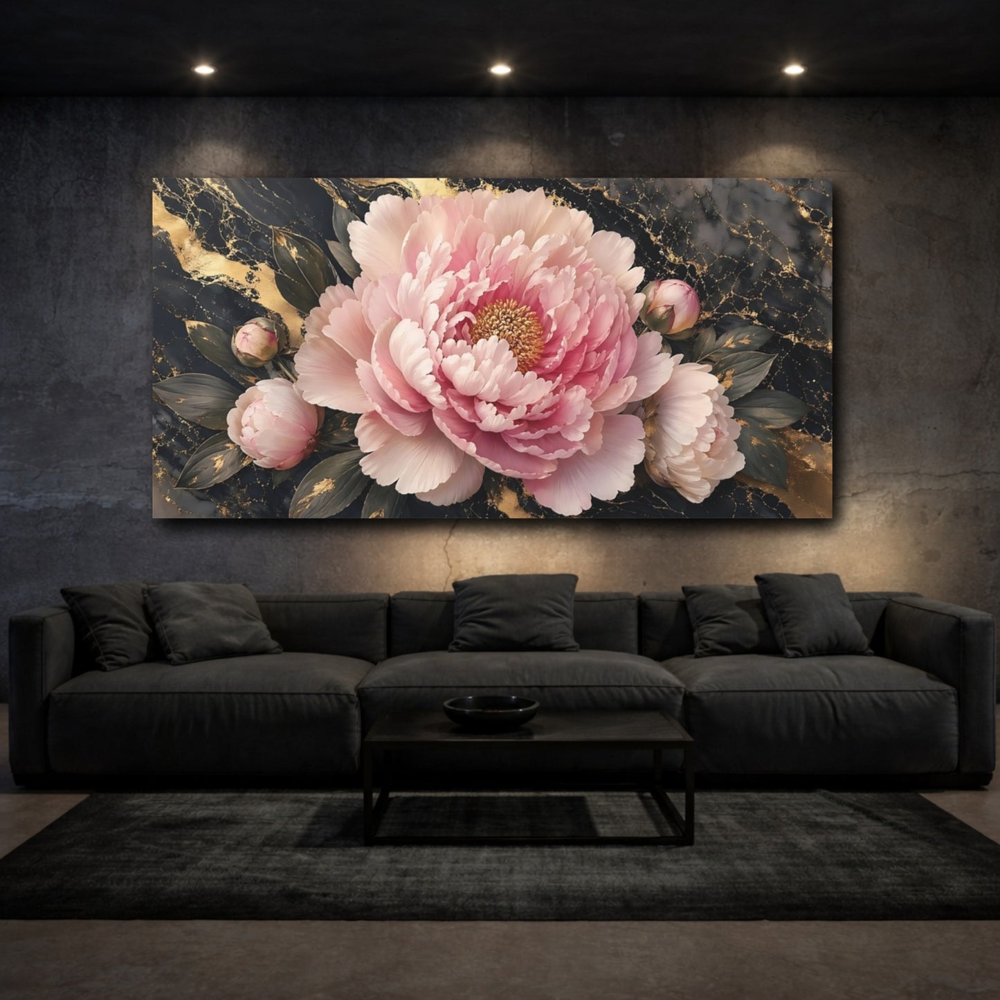Mockup 2. Floral Pink Peony Pink Gold Peony shown as stretched canvas wall art