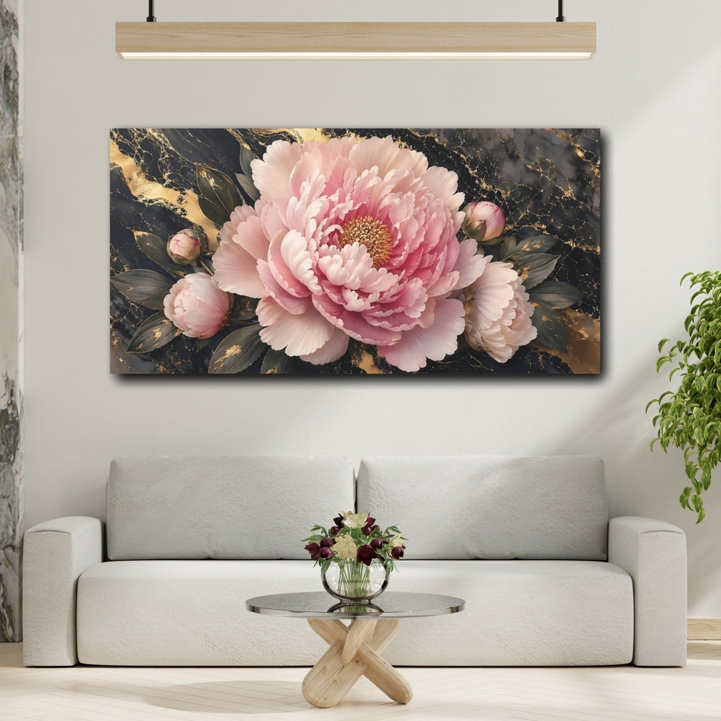 Mockup 3. Floral Pink Peony Pink Gold Peony shown as stretched canvas wall art