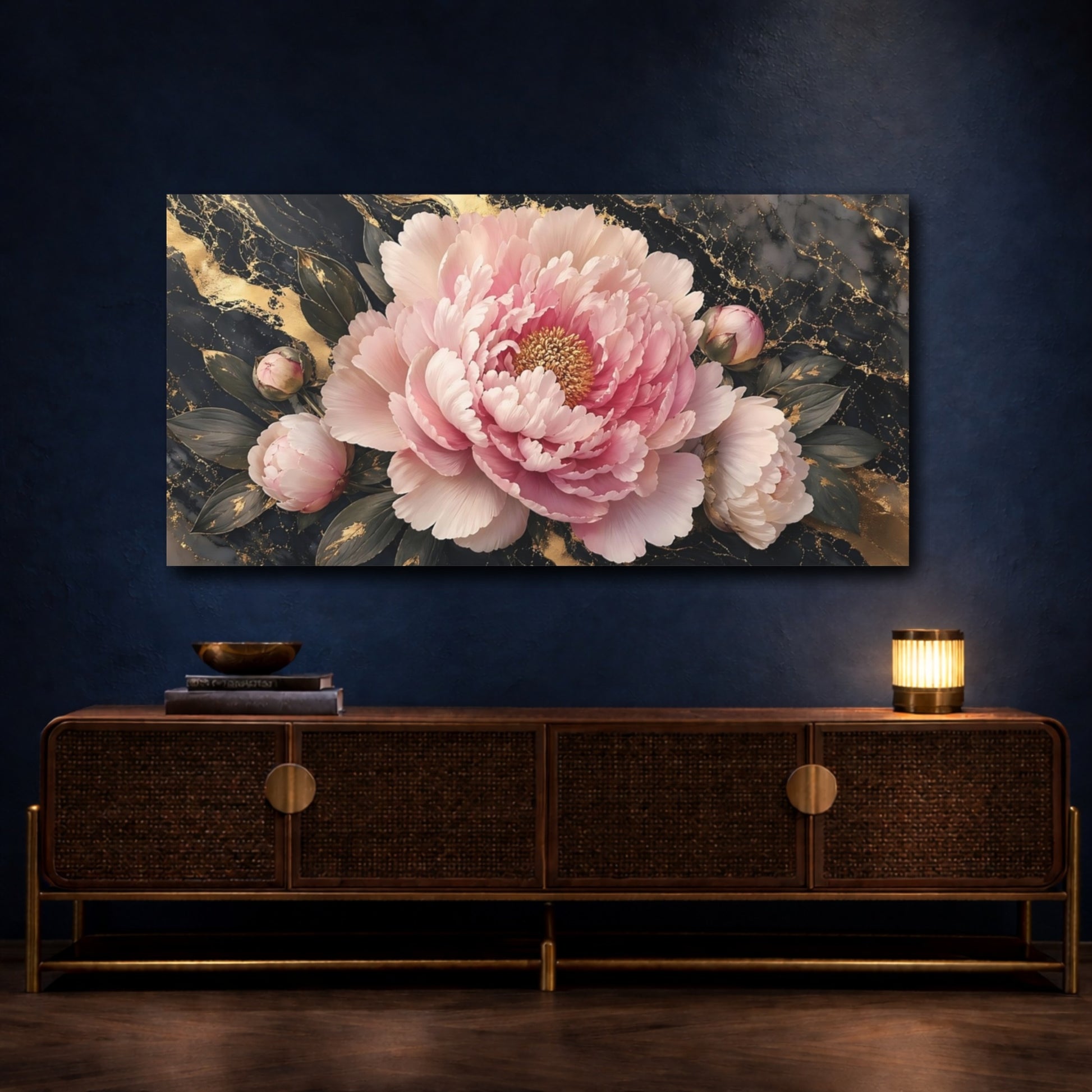 Mockup 4. Floral Pink Peony Pink Gold Peony shown as stretched canvas wall art