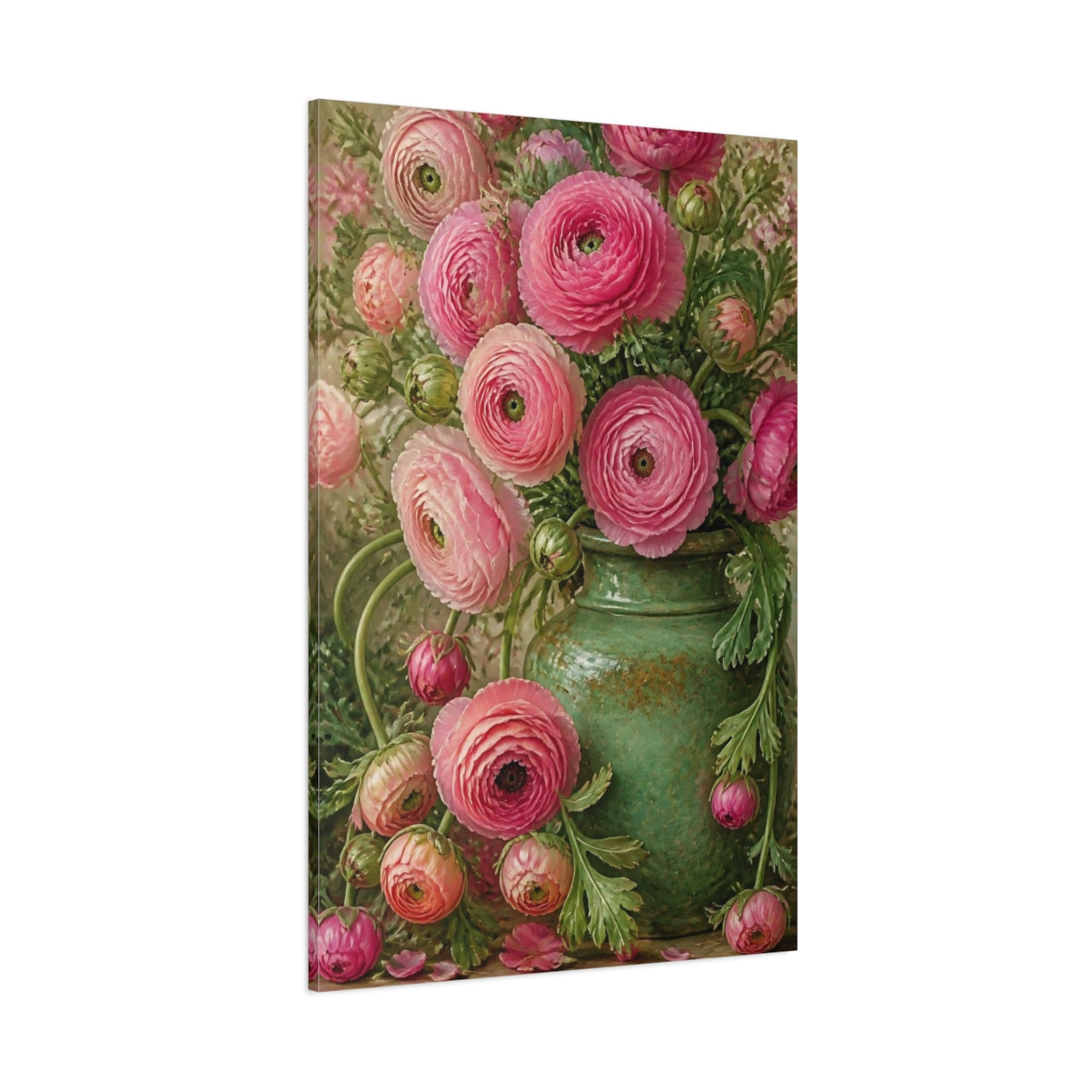 Side Mockup 1. Floral Pink Ranunculus Bouquet shown as canvas print