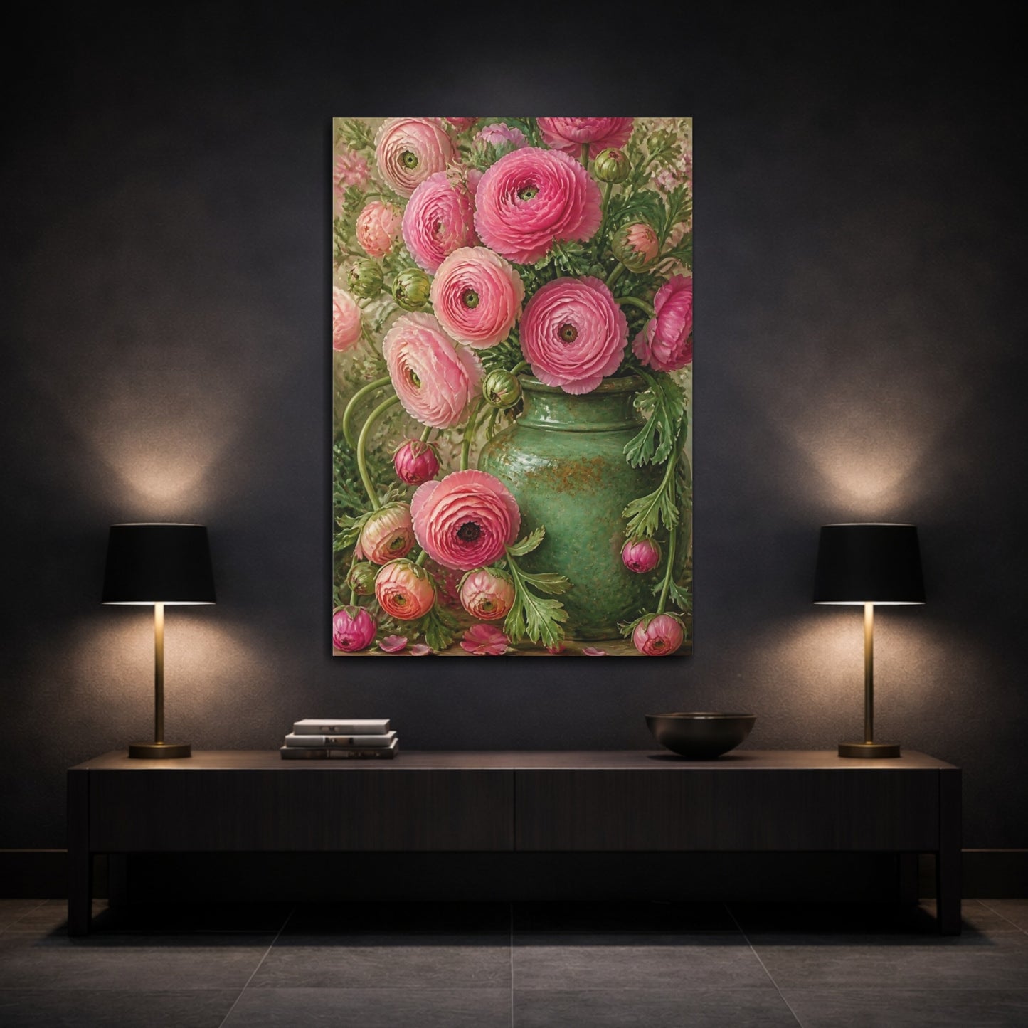 Mockup 3. Floral Pink Ranunculus Bouquet shown as canvas print