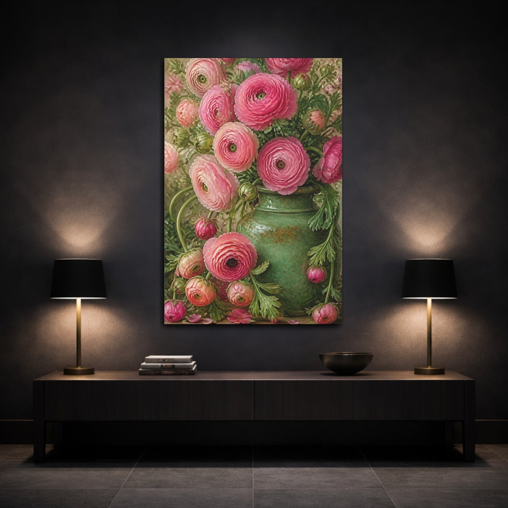 Mockup 3. Floral Pink Ranunculus Bouquet shown as canvas print