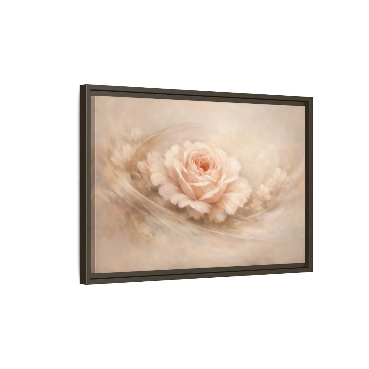 Side Mockup 2. Floral Pink Rose Pink And Beige shown as stretched canvas wall art