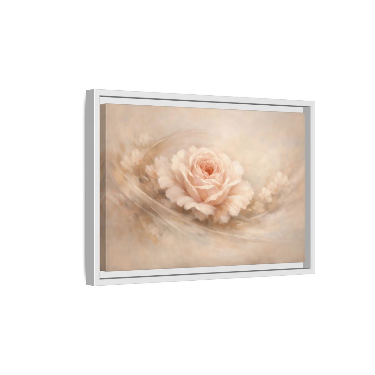 Side Mockup 4. Floral Pink Rose Pink And Beige shown as stretched canvas wall art