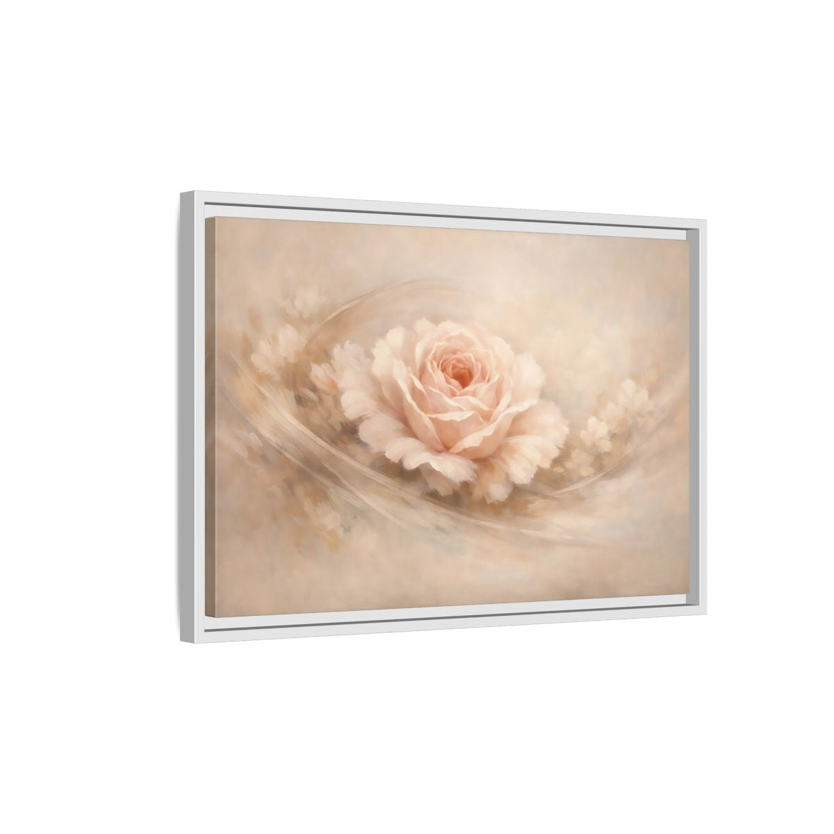 Side Mockup 1. Floral Pink Rose Pink And Beige shown as stretched canvas wall art