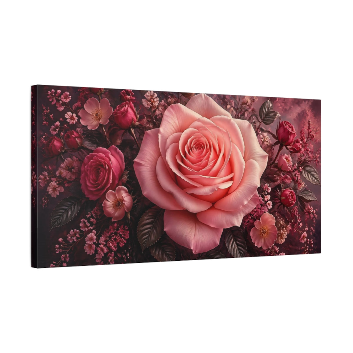 Side Mockup 1. Floral Pink Rose Pink Rose Floral shown as stretched canvas wall art