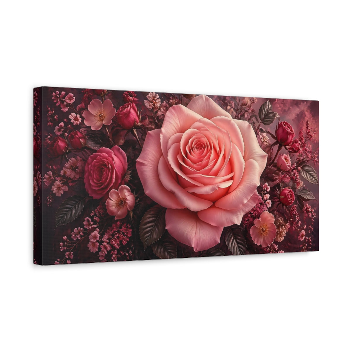 Side Mockup 3. Floral Pink Rose Pink Rose Floral shown as stretched canvas wall art