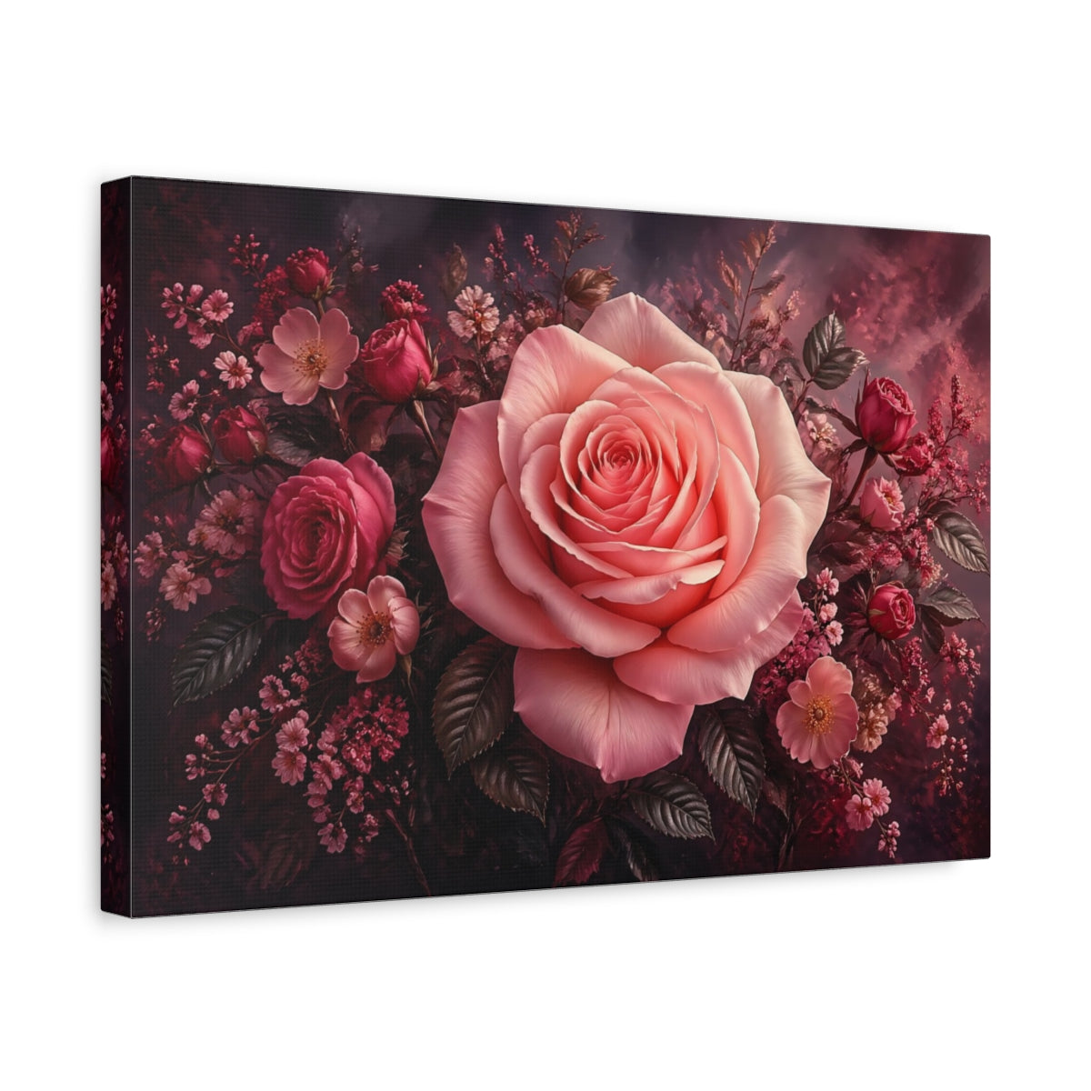 Side Mockup 4. Floral Pink Rose Pink Floral Rose shown as stretched canvas wall art