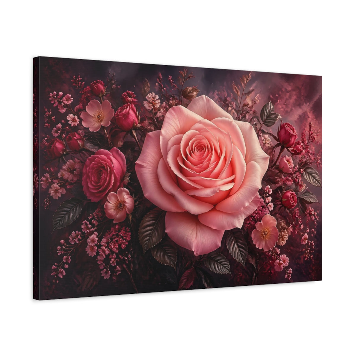 Side Mockup 2. Floral Pink Rose Pink Floral Rose shown as stretched canvas wall art