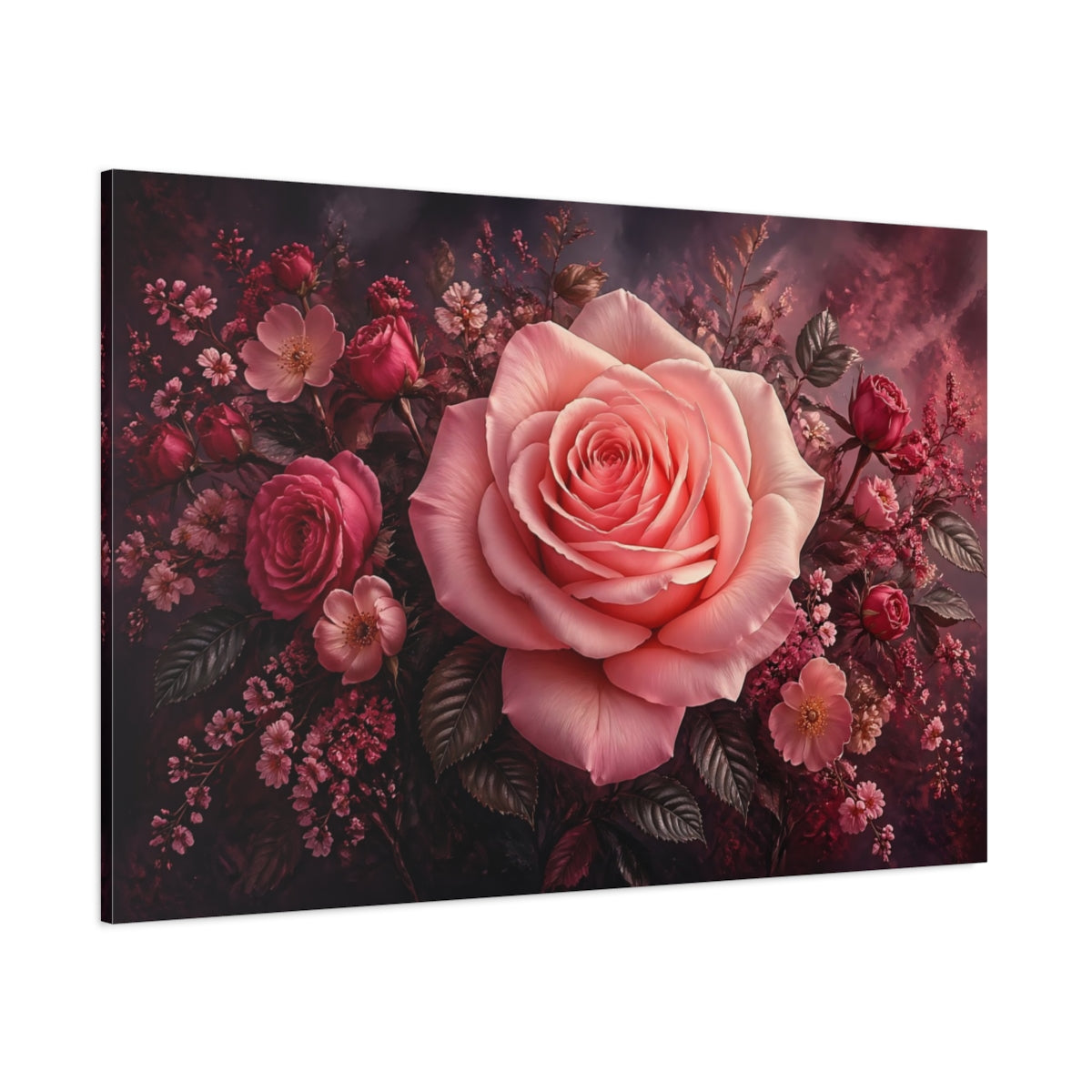 Side Mockup 1. Floral Pink Rose Pink Floral Rose shown as stretched canvas wall art