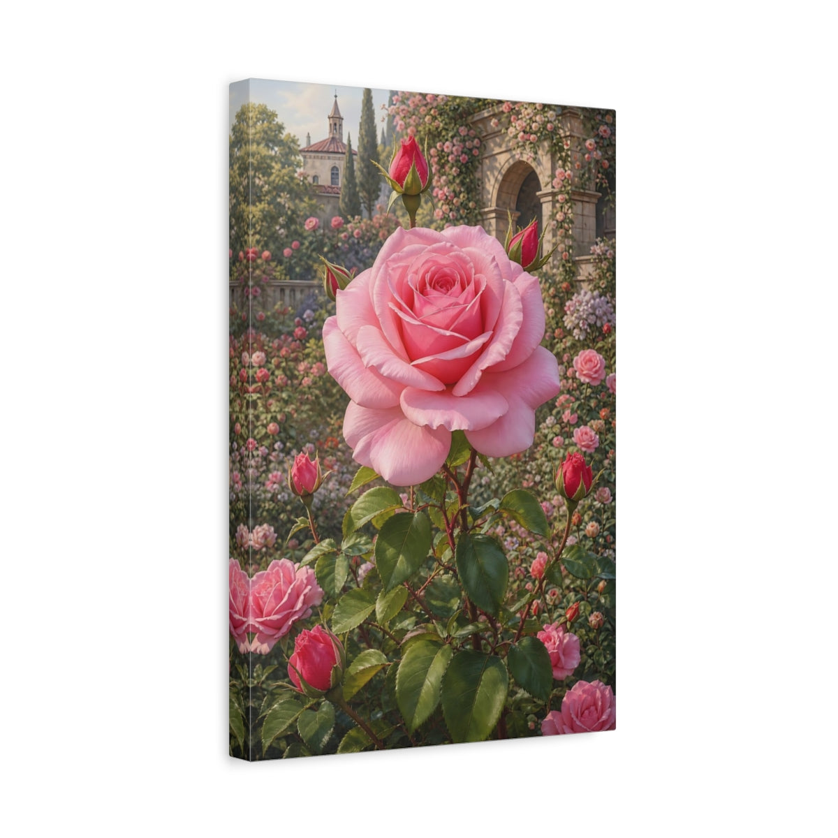 Side Mockup 4. Floral Pink Rose Pink Rose Garden shown as stretched canvas wall art