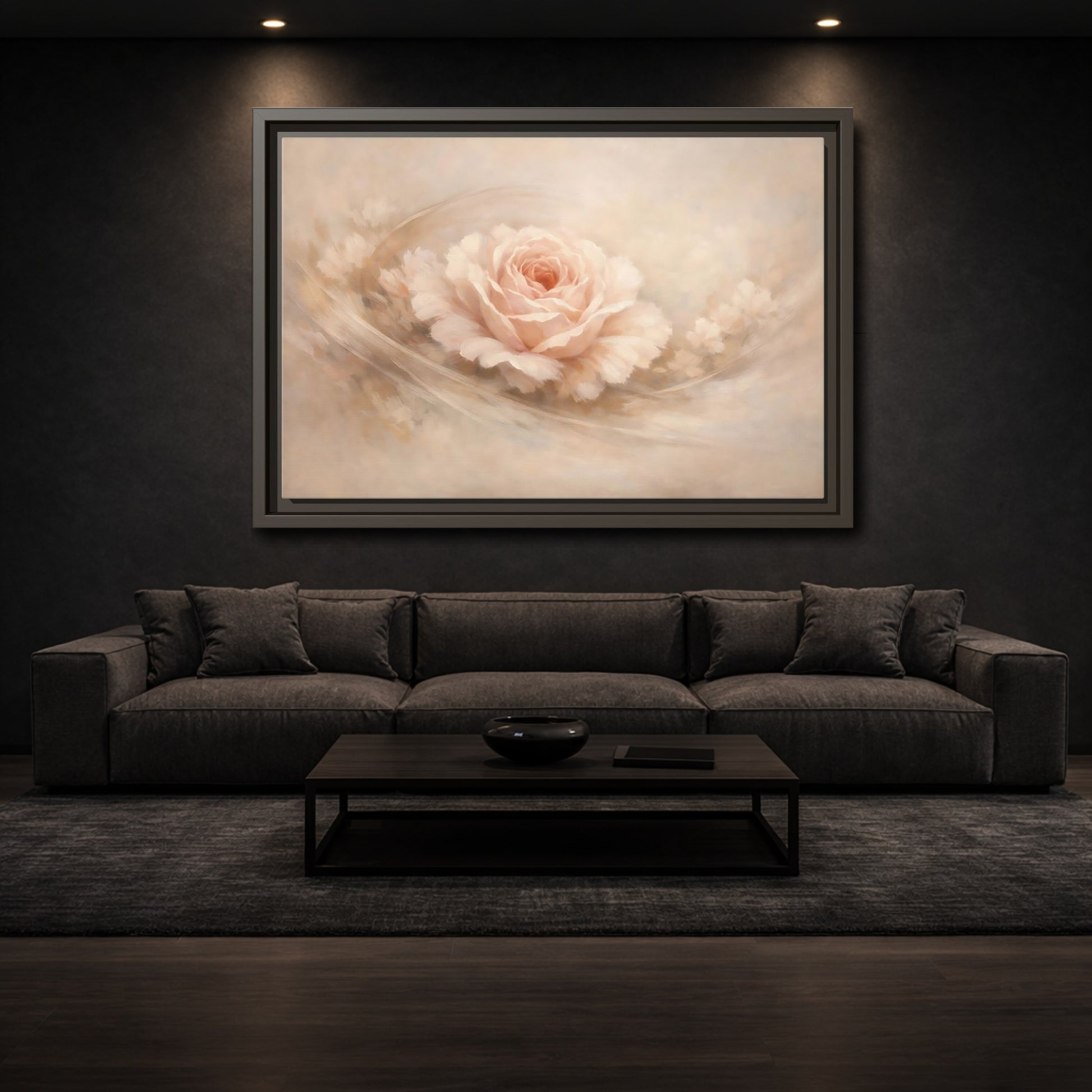 Mockup 2. Floral Pink Rose Pink And Beige shown as stretched canvas wall art