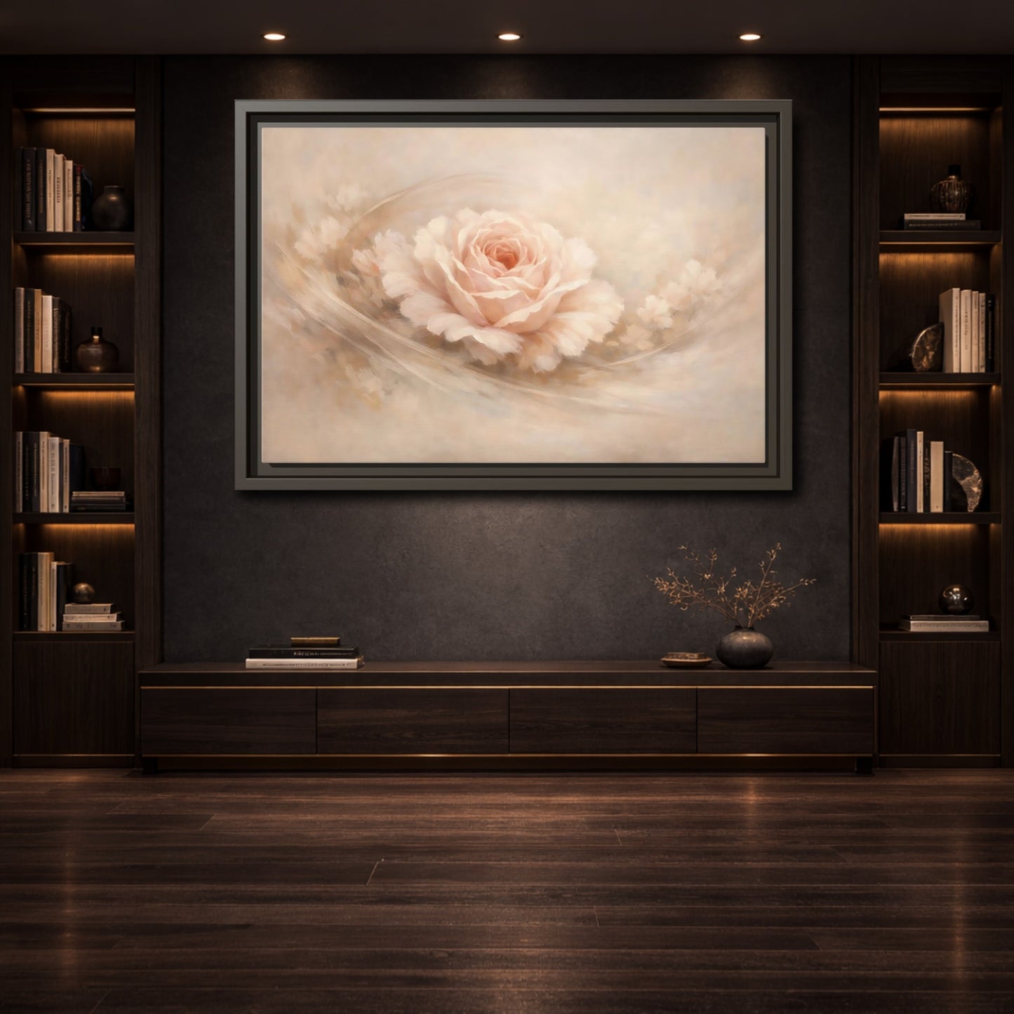 Mockup 3. Floral Pink Rose Pink And Beige shown as stretched canvas wall art