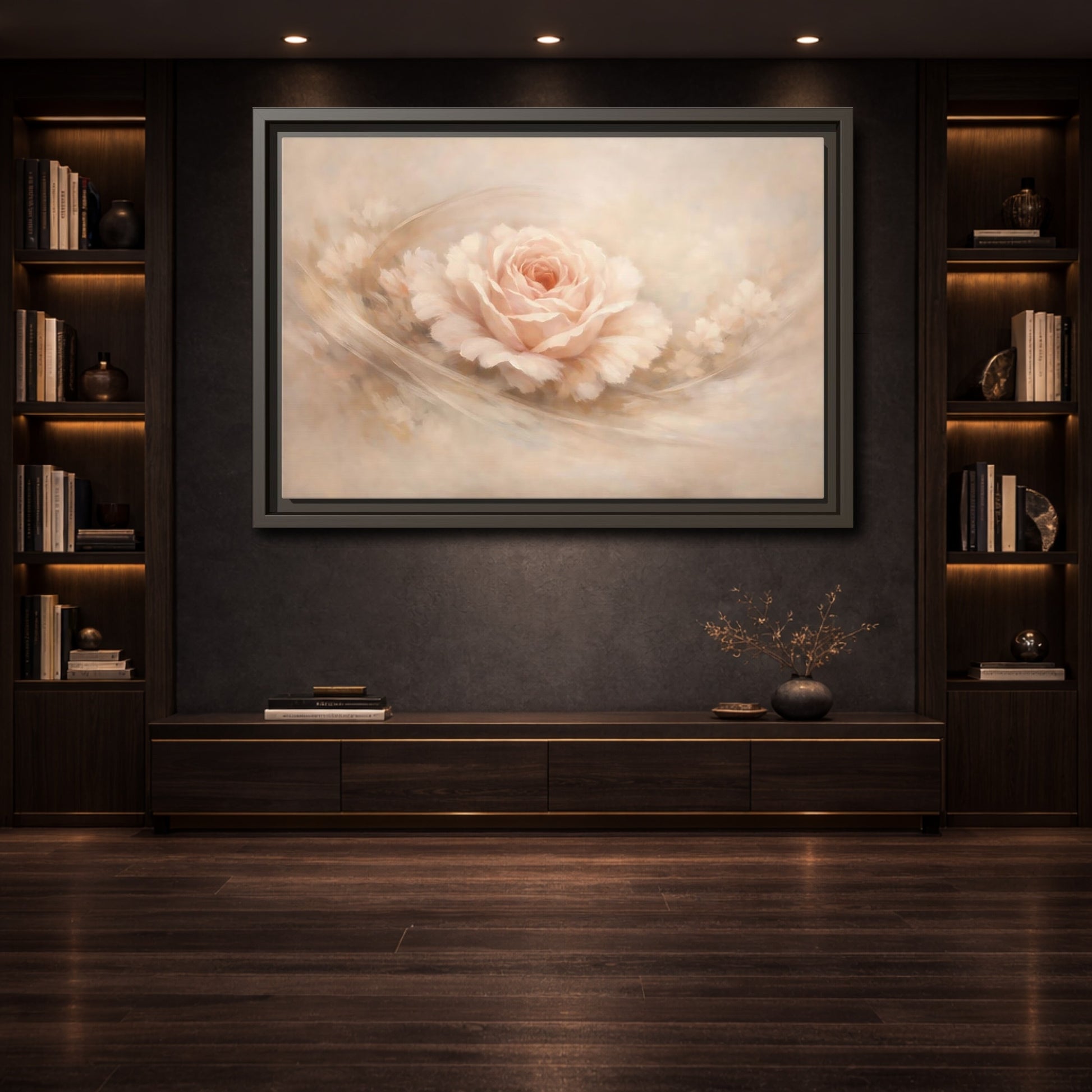 Mockup 3. Floral Pink Rose Pink And Beige shown as stretched canvas wall art
