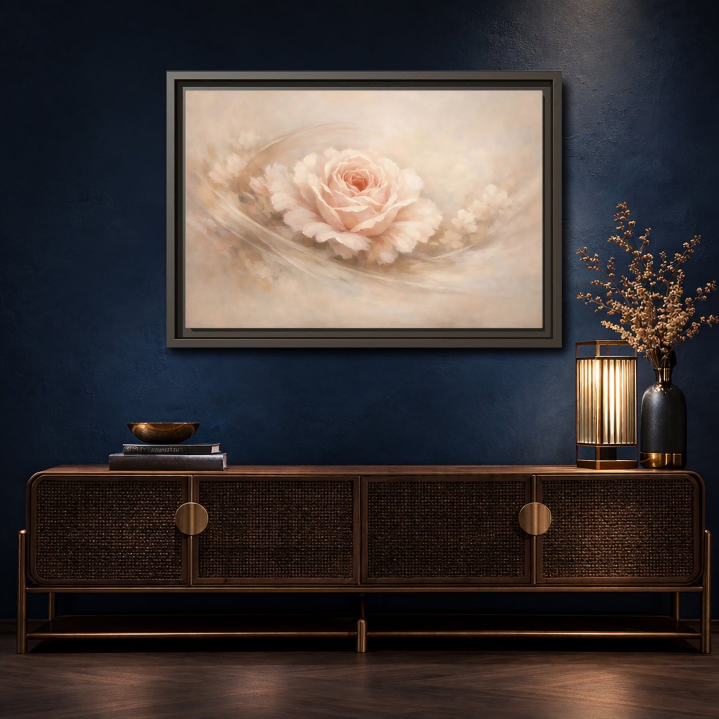 Mockup 4. Floral Pink Rose Pink And Beige shown as stretched canvas wall art