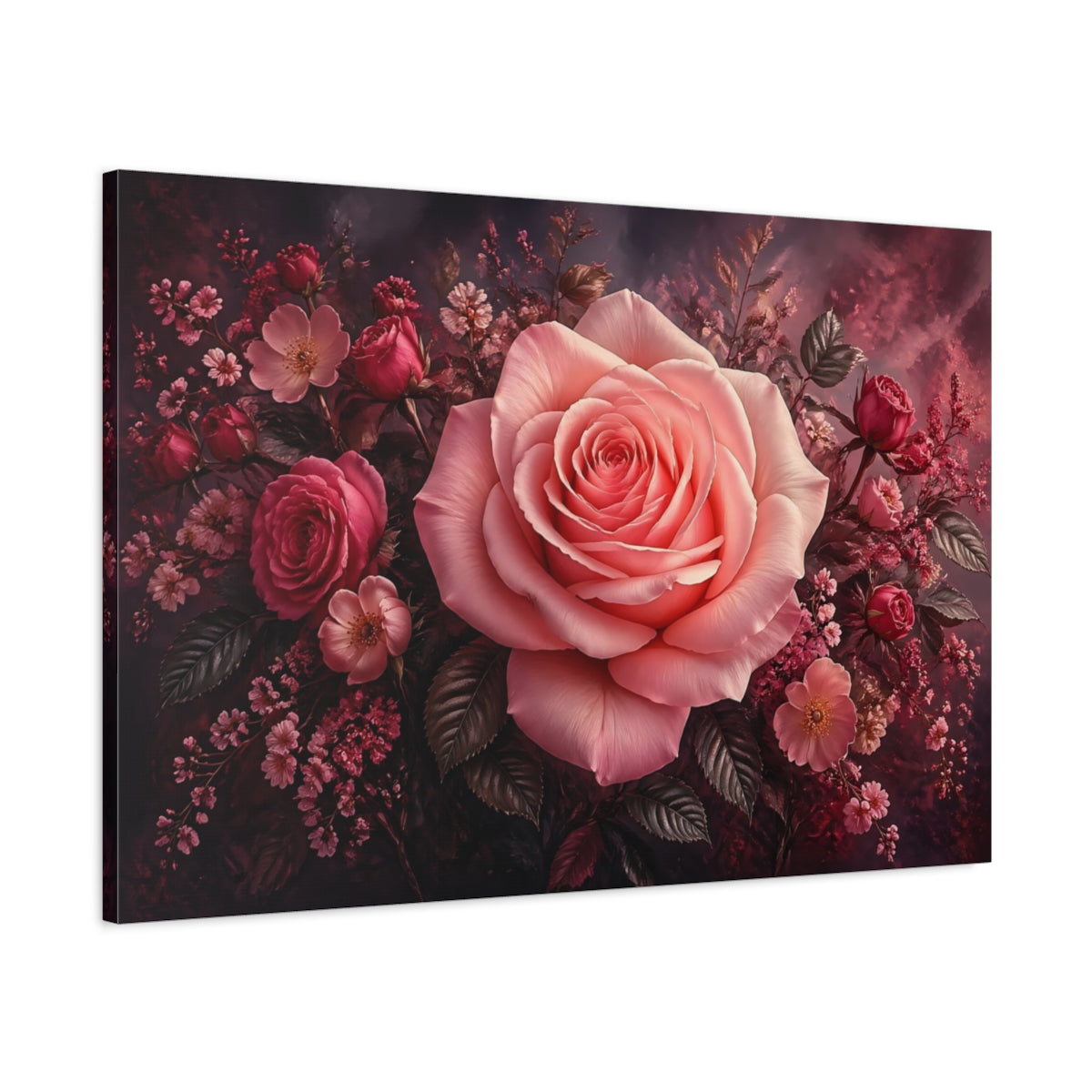 Main Mockup. Floral Pink Rose Pink Floral Rose shown as stretched canvas wall art